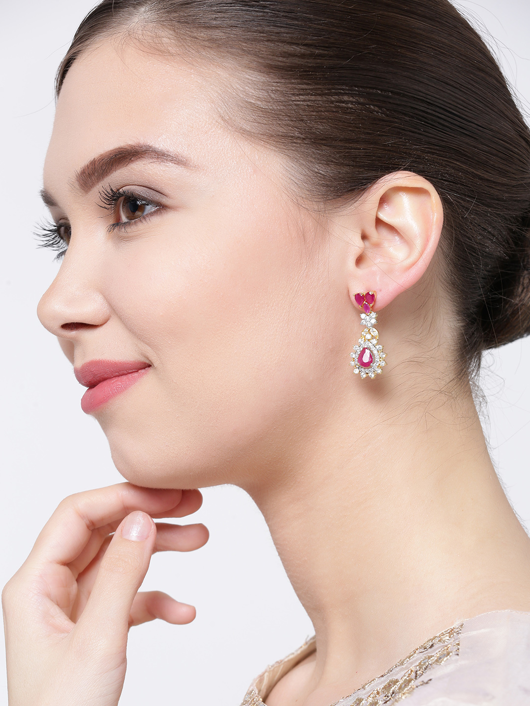 YouBella Silver-Toned  Pink Gold-Plated Teardrop Shaped Drop Earrings